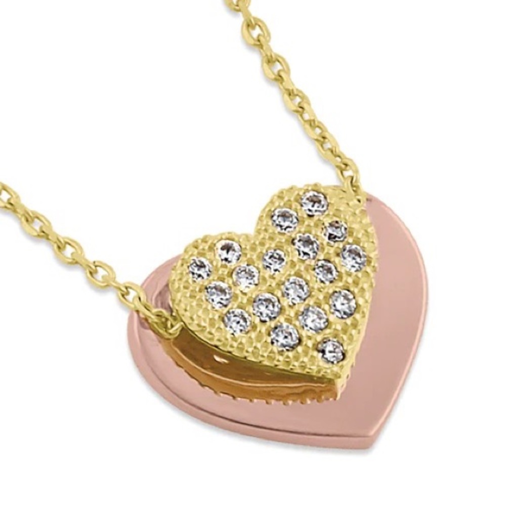 14K Solid Gold Layered Heart with Clear CZ Necklace